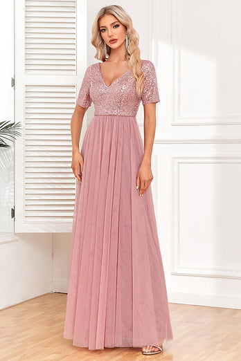 Dusty Rose A-Line V Neck Tulle Formal Dress with Short Sleeves