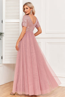 Dusty Rose A-Line V Neck Tulle Formal Dress with Short Sleeves