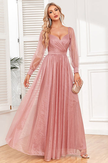 Dusty Rose A-Line Long Sleeves Formal Dress