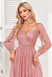 Dusty Rose A-Line Long Sleeves Formal Dress