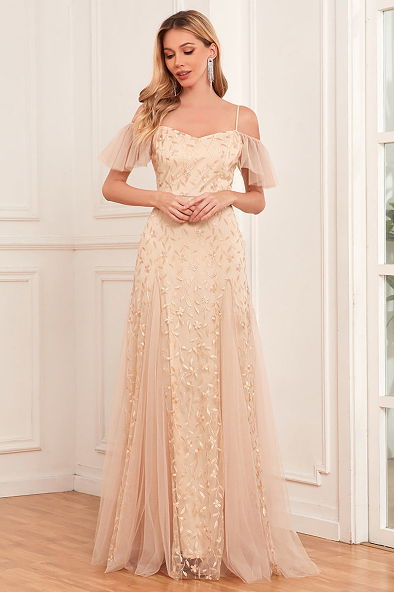 Load image into Gallery viewer, Champagne A-Line Cold Shoulder Long Formal Dress