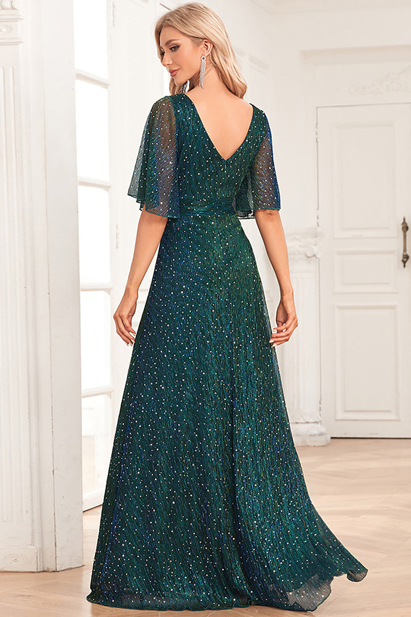 Load image into Gallery viewer, Sparkly V-Neck Peacock Formal Dress