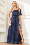 Sparkly A-Line Navy Formal Dress with Slit