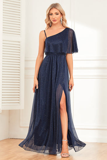 Sparkly A-Line Navy Formal Dress with Slit