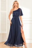 Sparkly A-Line Navy Formal Dress with Slit