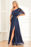 Sparkly A-Line Navy Formal Dress with Slit