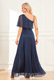 Sparkly A-Line Navy Formal Dress with Slit