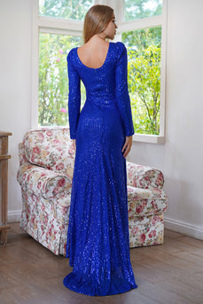 Sparkly Mermaid Long Sleeves Royal Blue Formal Dress with Slit