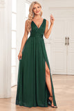 A-Line Sparkly V-Neck Dark Green Formal Dress with Slit