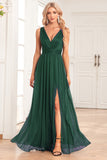 A-Line Sparkly V-Neck Dark Green Formal Dress with Slit