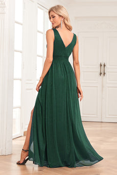 A-Line Sparkly V-Neck Dark Green Formal Dress with Slit