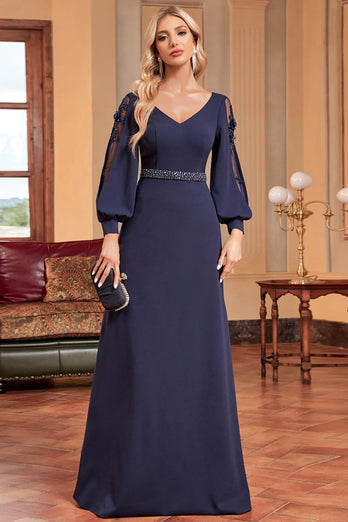A-Line Long Sleeves Navy Mother of the Bride Dress with Beading