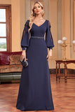 A-Line Long Sleeves Navy Mother of the Bride Dress with Beading