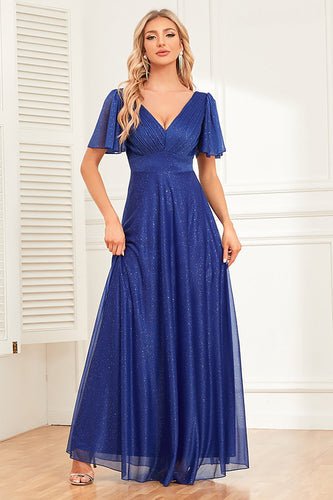 Sparkly Royal Blue A-Line V-Neck Long Formal Dress with Ruffles