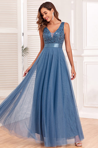A-Line V-Neck Blue Formal Dress