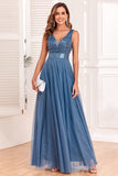 A-Line V-Neck Blue Formal Dress