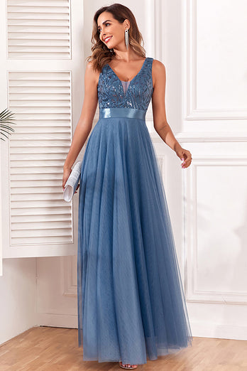 A-Line V-Neck Blue Formal Dress