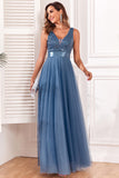 A-Line V-Neck Blue Formal Dress