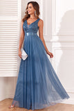 A-Line V-Neck Blue Formal Dress