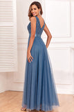 A-Line V-Neck Blue Formal Dress