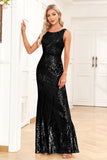 Golden Mermaid Round Neck Sequins Long Formal Dress