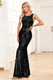 Golden Mermaid Round Neck Sequins Long Formal Dress