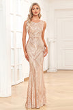 Golden Mermaid Round Neck Sequins Long Formal Dress