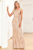 Golden Mermaid Round Neck Sequins Long Formal Dress