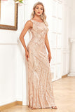 Golden Mermaid Round Neck Sequins Long Formal Dress