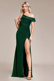 Glitter Dark Green Mermaid One Shoulder Long Formal Dress with Slit