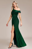 Glitter Dark Green Mermaid One Shoulder Long Formal Dress with Slit