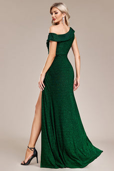 Glitter Dark Green Mermaid One Shoulder Long Formal Dress with Slit