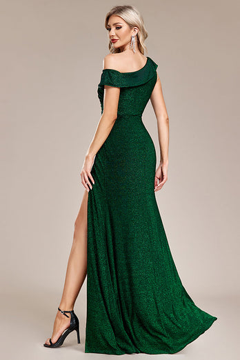 Glitter Dark Green Mermaid One Shoulder Long Formal Dress with Slit