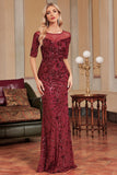 Burgundy Mermaid Round Neck Sequins Long Formal Dress