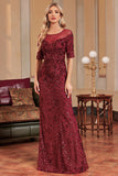 Burgundy Mermaid Round Neck Sequins Long Formal Dress