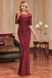 Burgundy Mermaid Round Neck Sequins Long Formal Dress