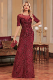 Burgundy Mermaid Round Neck Sequins Long Formal Dress