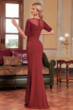 Burgundy Mermaid Round Neck Sequins Long Formal Dress