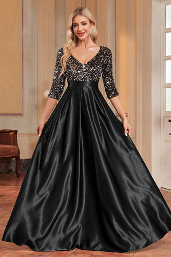 Black A-Line V Neck Sequins Short Sleeves Long Formal Dress