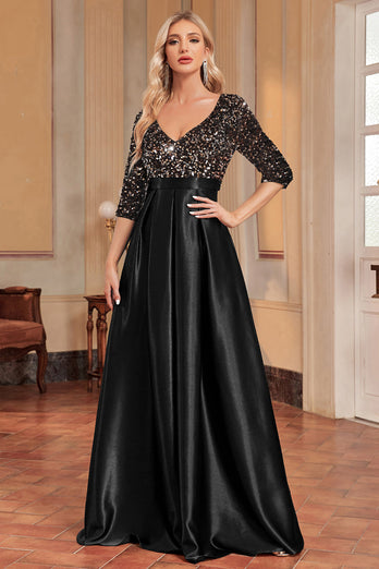 Black A-Line V Neck Sequins Short Sleeves Long Formal Dress