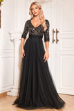 Black A-Line V Neck Short Sleeves Sequins Formal Dress