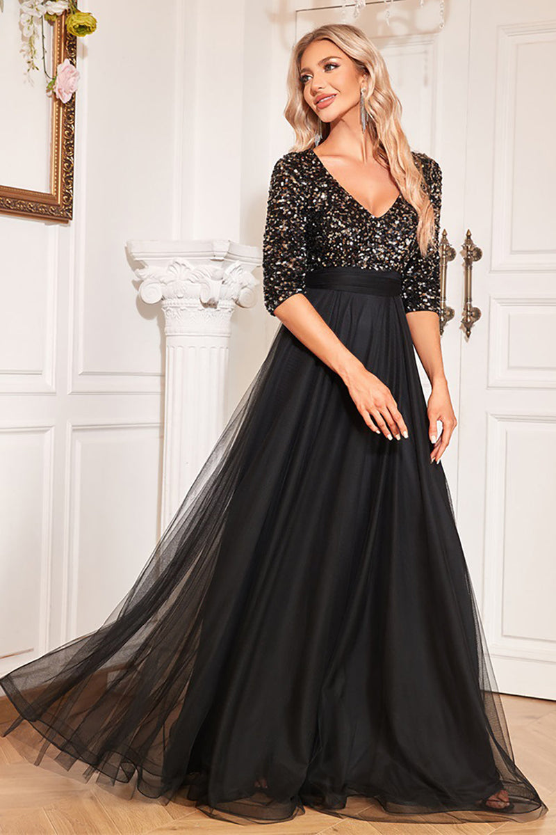 Load image into Gallery viewer, Black A-Line V Neck Short Sleeves Sequins Formal Dress