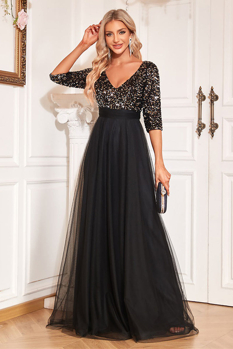 Load image into Gallery viewer, Black A-Line V Neck Short Sleeves Sequins Formal Dress