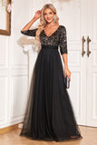 Black A-Line V Neck Short Sleeves Sequins Formal Dress