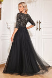 Black A-Line V Neck Short Sleeves Sequins Formal Dress