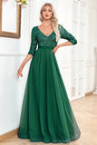 Black A-Line V Neck Short Sleeves Sequins Formal Dress