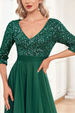 Black A-Line V Neck Short Sleeves Sequins Formal Dress