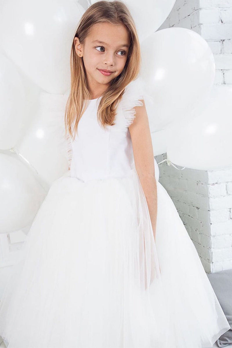 Load image into Gallery viewer, White A Line Round Neck Sleeveless Tulle Flower Girl Dress