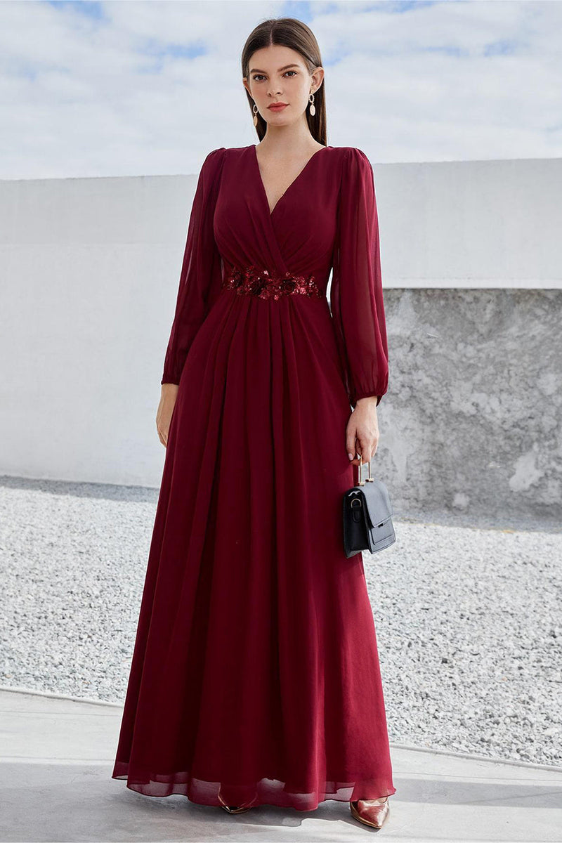 Load image into Gallery viewer, Burgundy Long Sleeves A Line Mother of the Bride Dress