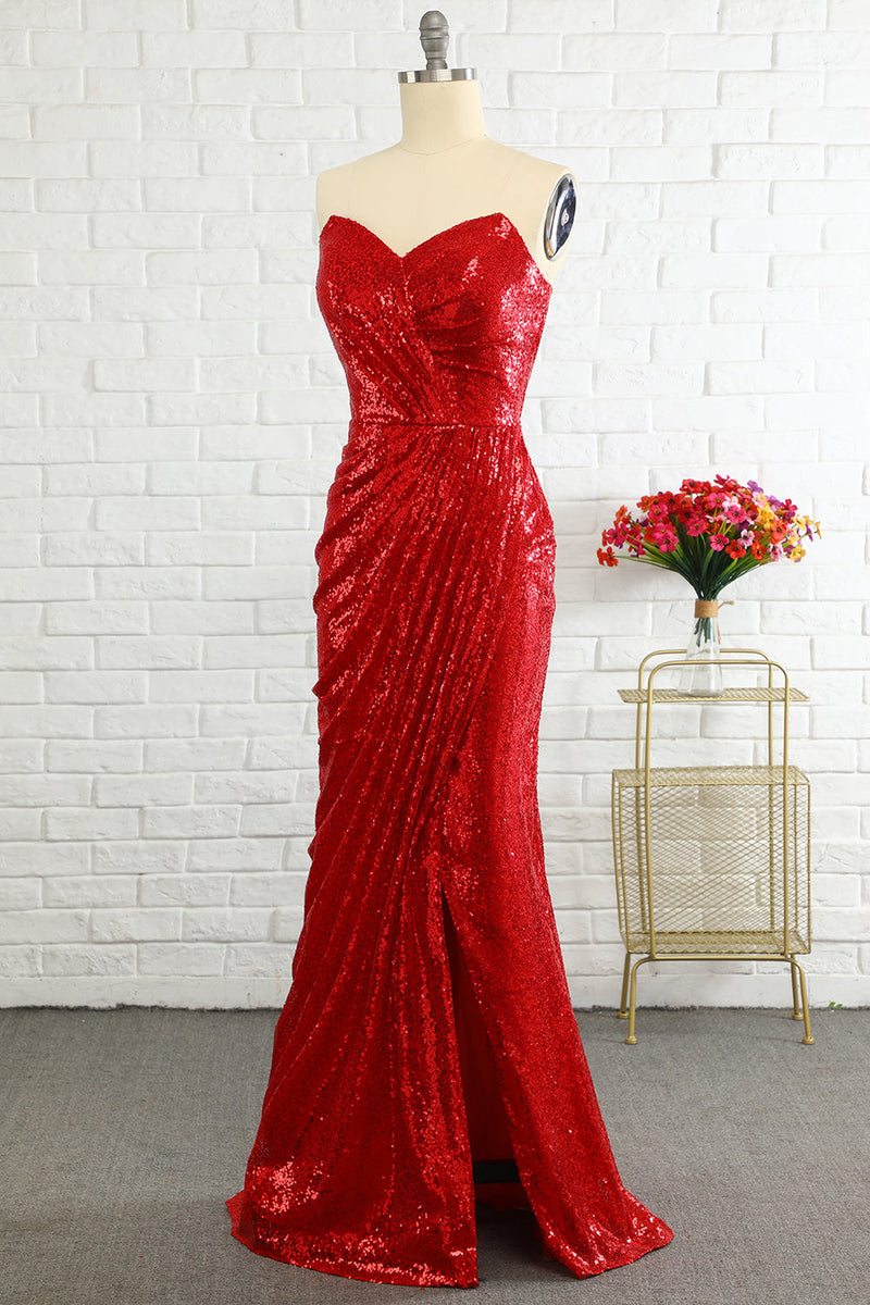 Load image into Gallery viewer, Sheath Sweetheart Red Sequins Formal Dress with Sequins